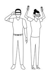 People playing with virtual reality glasses in black and white