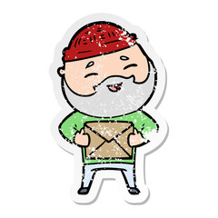 distressed sticker of a cartoon happy bearded man