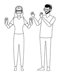 People playing with virtual reality glasses in black and white
