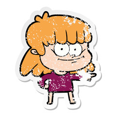 distressed sticker of a cartoon girl smiling