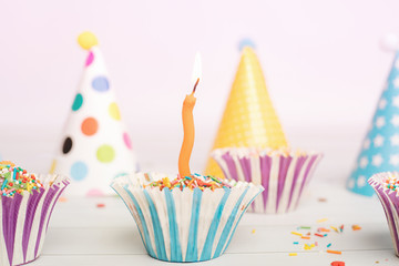 Close up birthday cake with candles for baby child, soft focus.