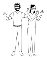 People playing with virtual reality glasses in black and white