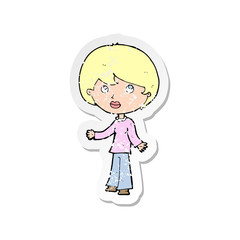 retro distressed sticker of a cartoon woman thinking