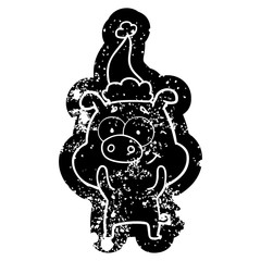 happy cartoon distressed icon of a pig wearing santa hat
