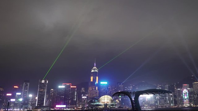 Timelapse Symphony of Lights Laser Evening Night Show on Hong Kong Skyline Waterfront Victoria Harbor near Tsim Sha Tsui Promenade and Avenue of Stars