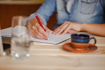 Female hands with pen writing on notebook. Diary, plans, journalist