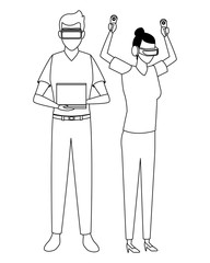 People playing with virtual reality glasses in black and white