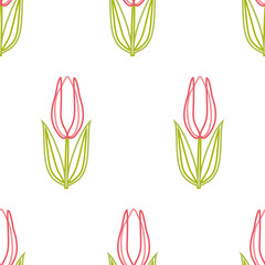 Seamless line pattern of spring tulips. Color graphic drawing on a white background.
