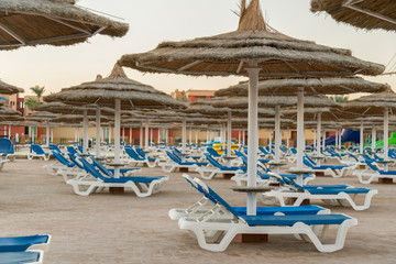 Umbrellas and chaise lounges on the beach. Scenic view of private sandy beach with sun beds from...