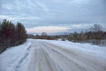 Snow  on the winter road landscape