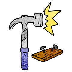 textured cartoon doodle of a hammer and nails
