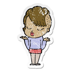 distressed sticker of a cartoon pretty hipster girl