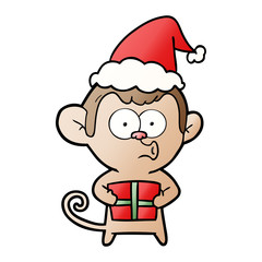 gradient cartoon of a christmas monkey wearing santa hat