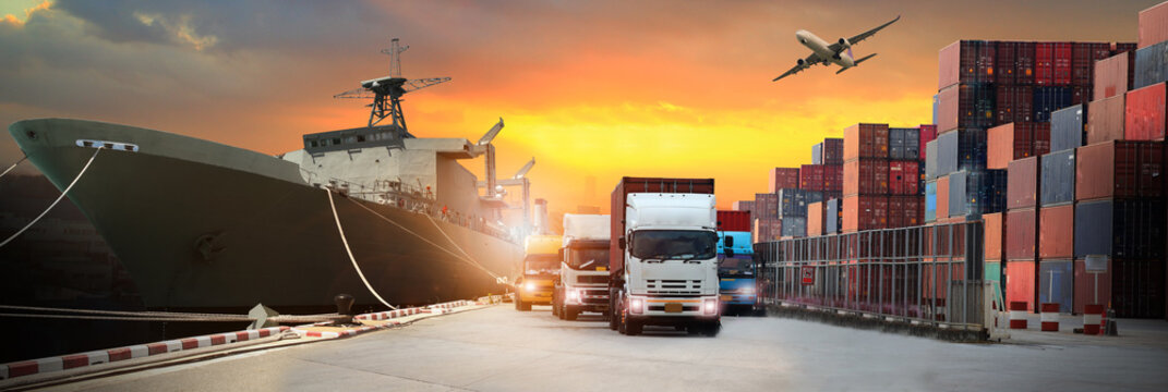  image of the logistics, there are container truck, ship in port and airplane for import export industry