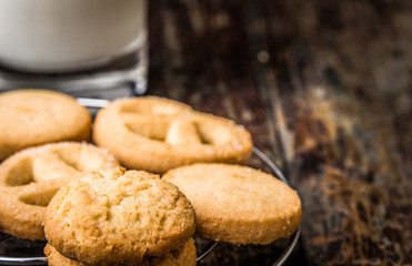 Chocolate chip cookies Closeup with Milk on wooden tabel.