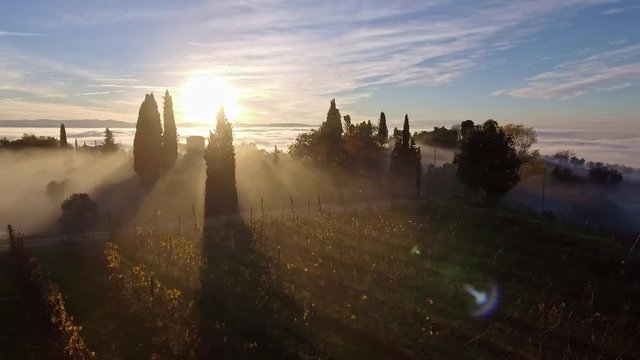 drone flying over foggy mediterranean landscape with beautiful wineries