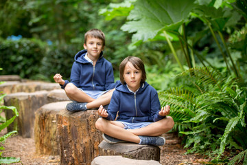 Two preschool children, boy borothers, sitting on tree trunks in forest