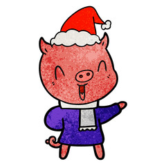 happy textured cartoon of a pig in winter clothes wearing santa hat