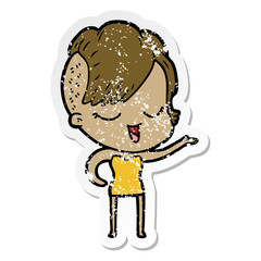 distressed sticker of a happy cartoon girl