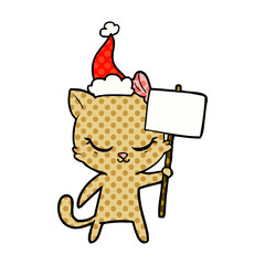 cute comic book style illustration of a cat with sign wearing santa hat