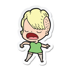 sticker of a cartoon cool hipster girl talking