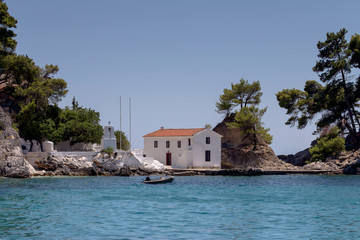 Fototapeta na wymiar Church on a small island (resort city Parga, region of Epirus, Greece)