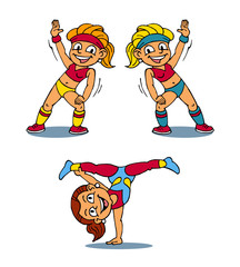 Aerobic girls in colorful jerseys perform a show, color clipart