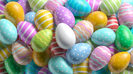 Blank white easter egg on colorful stack mock up, depth of field, 3d rendering. Empty product for...