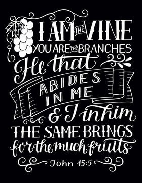 Hand lettering with bible verse I am the vine, you are the branches on black background.