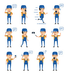 Set of workman characters with phone posing in various situations. Funny worker talking on phone, surprised, angry, running, walking and showing other actions. Flat design vector illustration