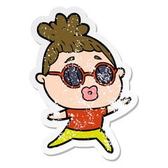 distressed sticker of a cartoon dancing woman wearing sunglasses