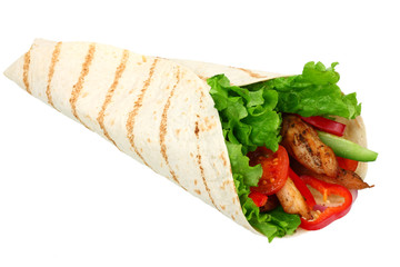 Tortilla wrap with fried chicken meat and vegetables isolated on white background. fast food