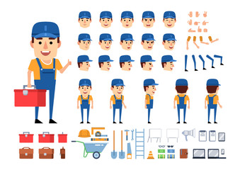 Worker, mechanic, builder creation kit. Create your own pose, action, animation. Various emotions, gestures, design elements. Flat design vector illustration