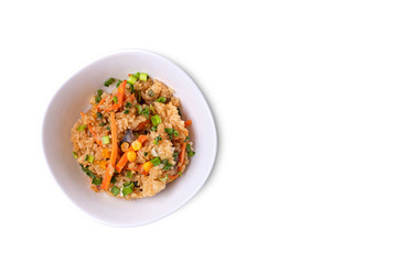 japanese food on a wooden table, fried rice with vegetables. Asian/Japanese food. Top view