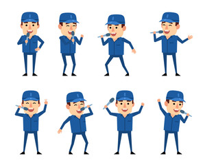 Set of workman characters with microphone showing various actions. Funny worker singing. Flat design vector illustration