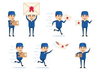 Set of courier characters with letter posing in various situations. Funny workman holding letter, parcel, running and showing other actions. Flat design vector illustration