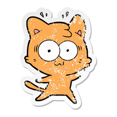 distressed sticker of a cartoon surprised cat