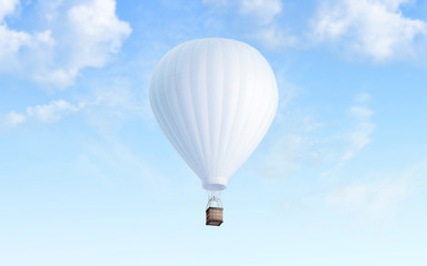 Blank white balloon with hot air mockup on sky background, 3d rendering. Empty airship fly in heaven mock up. Clear blimp with basket and gasbag for expedition template. © Alexandr Bognat