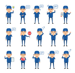 Set of auto mechanic characters showing various actions, emotions. Funny workman talking on phone, reading book, angry and showing other actions. Flat design vector illustration