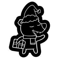 cartoon icon of a bear with present wearing santa hat