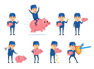 Set of workman characters with piggy bank showing various actions. Cheerful worker saving money, riding piggy bank and showing other actions. Flat design vector illustration