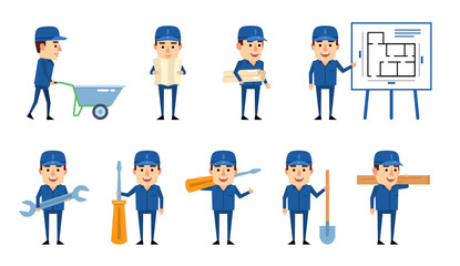 Set of workman characters showing various actions. Cheerful worker holding wrench, screwdriver, shovel, pushing wheelbarrow and showing other actions. Flat design vector illustration
