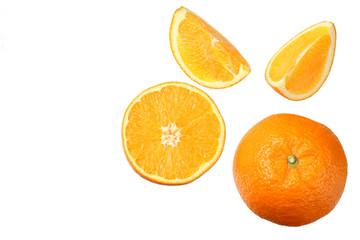 orange with slices isolated on white background. healthy food. top view