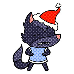 comic book style illustration of a wolf showing teeth wearing santa hat