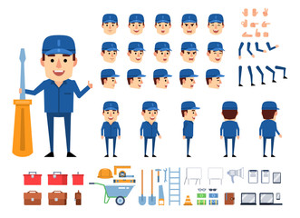 Worker, mechanic, builder in blue uniform creation kit. Create your own pose, action, animation. Various emotions, gestures, design elements. Flat design vector illustration