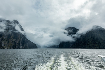 Cloudy and rainy day at Milford Sound, South Island, New Zealand