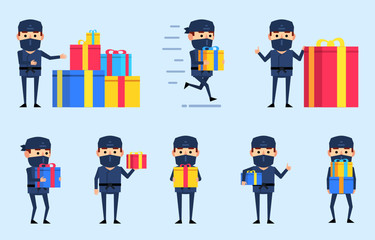 Set of ninja characters with gift box showing various actions. Funny ninja holding gift box, running, pointing and showing other actions. Flat design vector illustration
