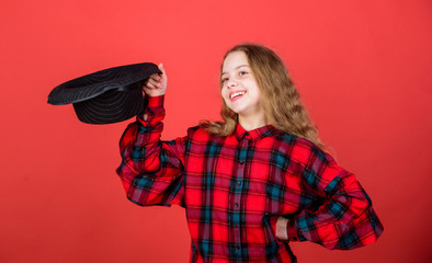 Acting lessons guide children through wide variety of genres. Develop talent into career. Girl artistic kid practicing acting skills with black hat. Enter acting academy. Acting school for children