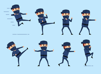 Set of ninja characters showing various fight actions. Ninja punching, kicking, jumping and showing other actions. Flat design vector illustration © paper_owl