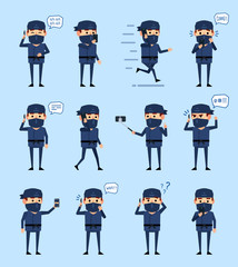 Set of ninja characters with phone showing various actions. Funny ninja talking on phone, running, walking and showing other actions. Flat design vector illustration